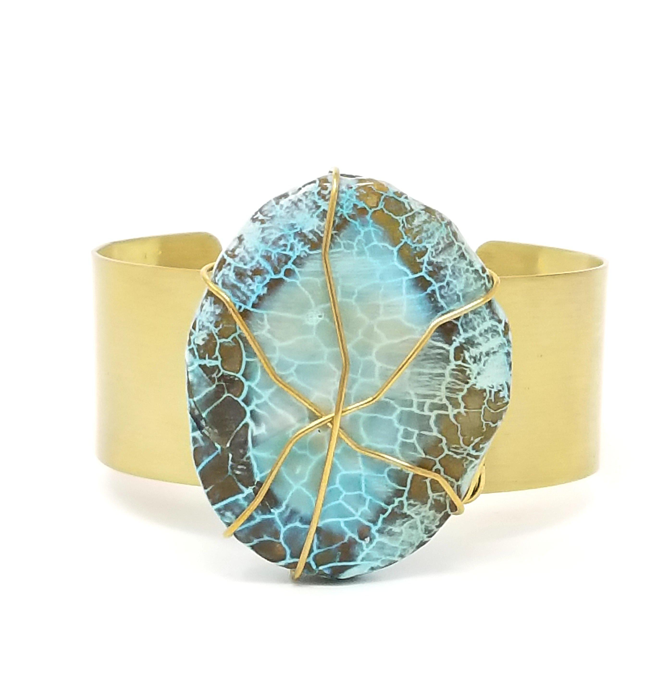 Aqua Brown Agate Recycled Brass Cuff