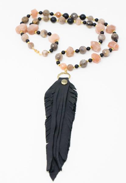 Sandstone Matte Black Onyx Leather Feather Fringe Necklace